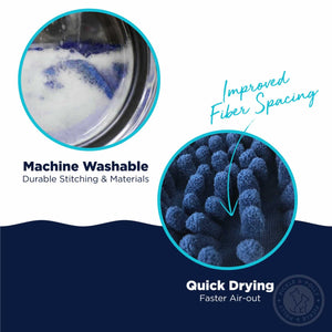 A Pickle & Polly Microfiber Pet Mat in a washing machine. The text reads, "Machine Washable. Durable Stitching & Materials. A close-up of the Pickle & Polly Microfiber Pet Mat Chenille fiber spacing. The text reads, "Improved Fiber Spacing. Quick Drying, Faster Air-Out."