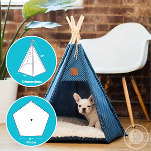 A French Bulldog sitting in a Pickle & Polly Pet Teepee Bed (Blue). The teepee measures 18 inches long on the pentagonal base with 32 inch poles. The removable cushion is 17 inches long on the pentagonal base.
