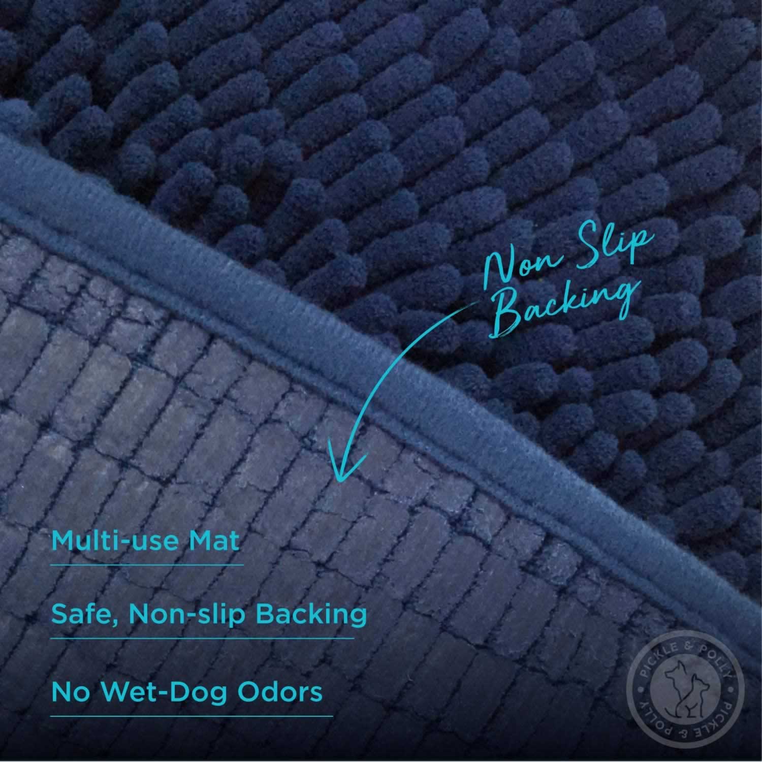 A close-up of the non-slip backing on a Pickle & Polly Microfiber Pet Mat. The text reads, "Non Slip Backing. Multi Use Mat, Safe, Non-Slip Backing, No Wet-Dog Odors."