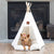 A Yorkie dog sitting in a Pickle & Polly Pet Teepee Bed in front of a fireplace.