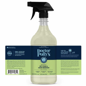 A bottle of Dr. Polly's Stain & Odor Remover (32oz) with the full label visible.