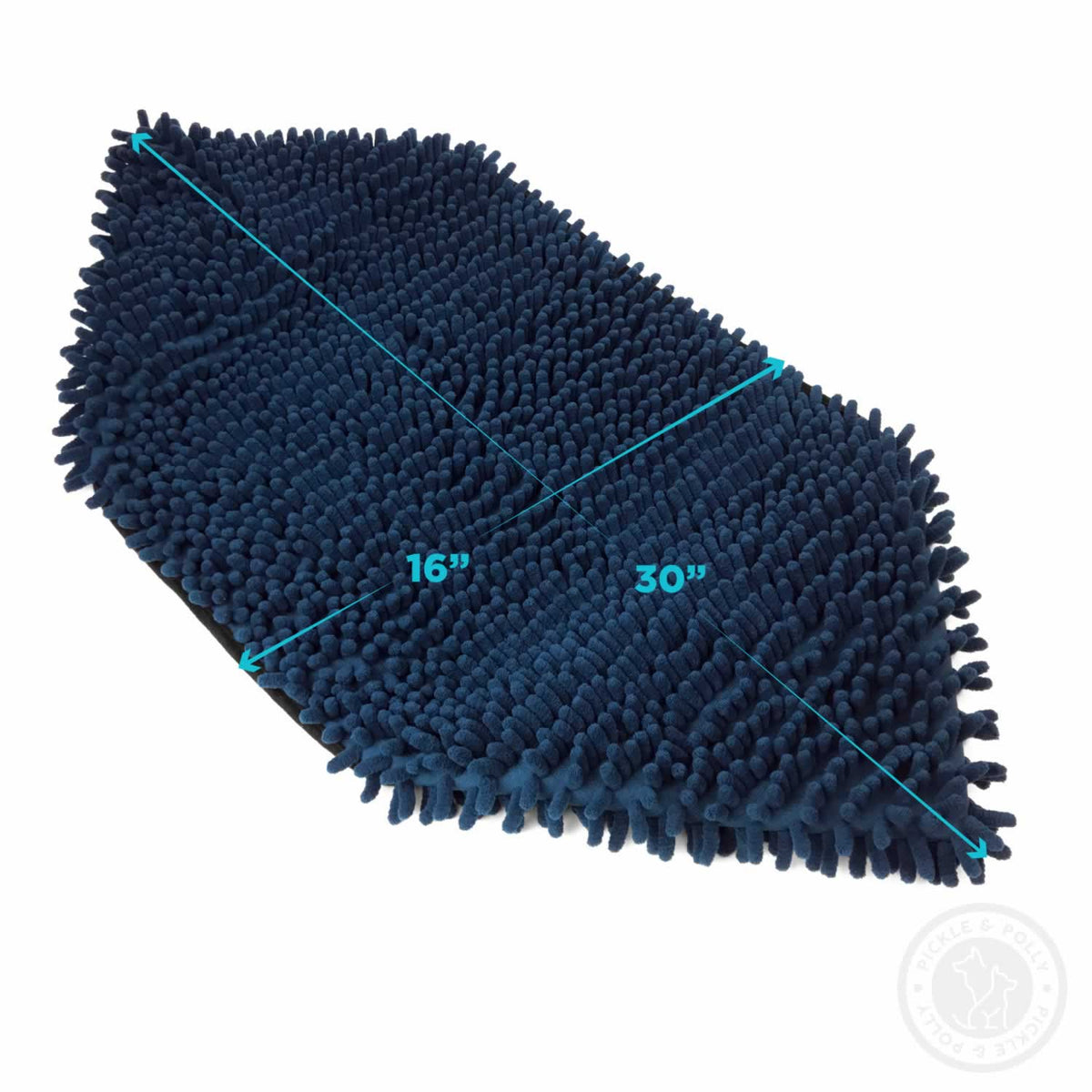 A Pickle & Polly Microfiber Pet Towel laid flat. The dimensions are 16 inches by 30 inches with built-in pockets for hands.
