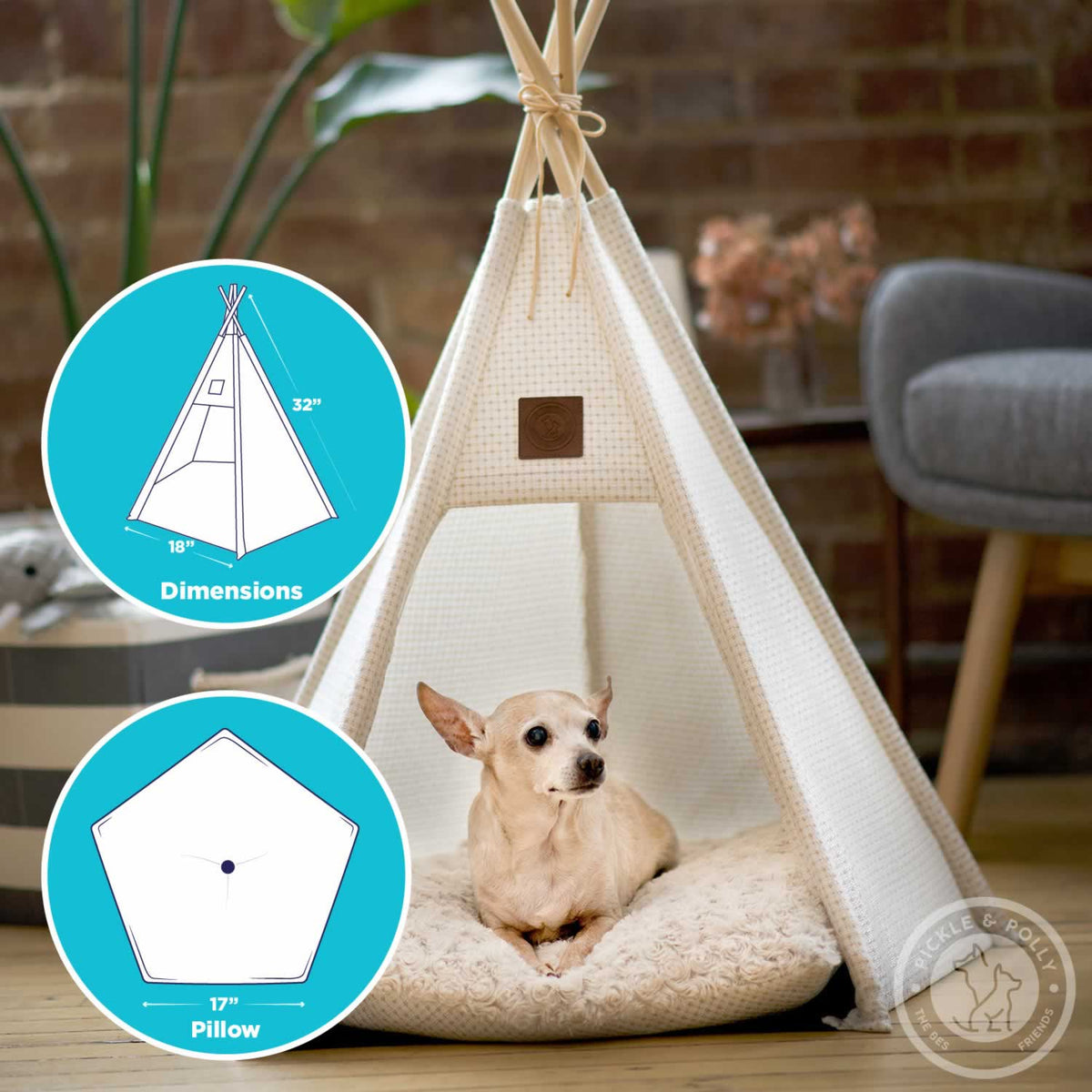A Chihauhau dog sitting in a Pickle & Polly Pet Teepee Bed (White). The teepee measures 18 inches long on the pentagonal base with 32 inch poles. The removable cushion is 17 inches long on the pentagonal base.