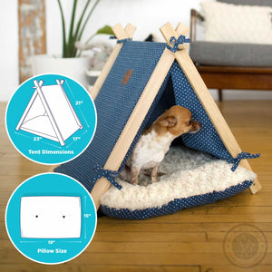 A Chihauhau dog sitting in a Pickle & Polly Pet Tent (Blue). The tent measures 18 inches wide by 17 inches long at the base with a 21 inch frame. The removable cushion measures 15 inches wide by 19 inches long.